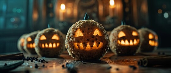 Fototapeta premium Handcrafted ghoulish meatballs with spooky faces and dark spices, candlelit background, Watercolor, Scary and delicious