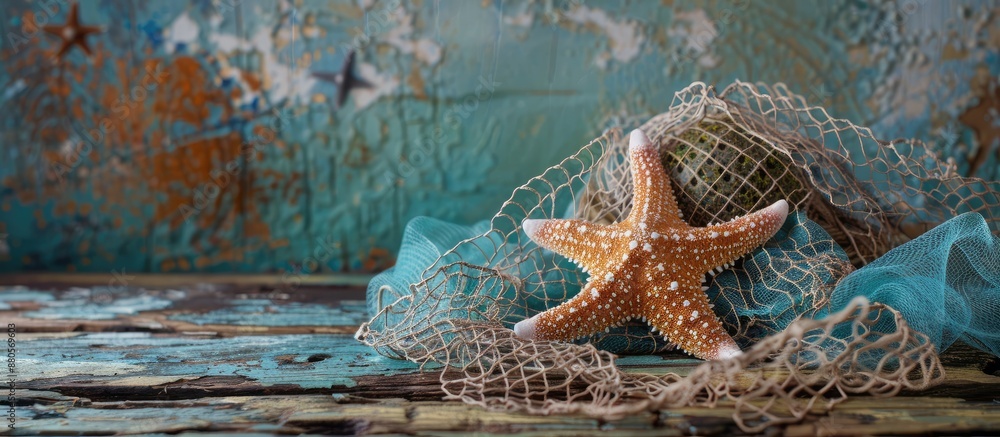 Aufkleber A still life of a summer ocean scene featuring a starfish and fishing net on a backdrop with space for additional images