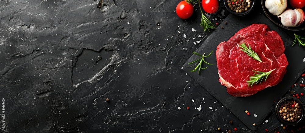 Poster top view of a raw marbled beef steak surrounded by cooking ingredients on a black slate stone or con