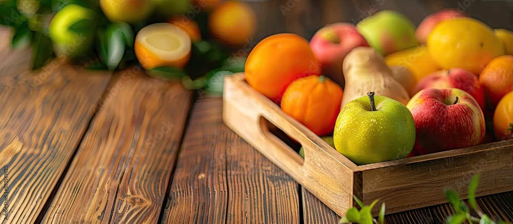 Poster close up view of a wooden tray with fruits on a kitchen table showcasing copy space image