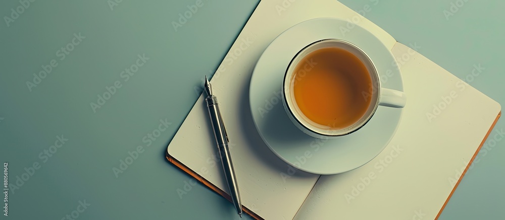 Poster Flat lay design with a minimalist style showcasing a serene arrangement of a cup notebook and pen against a backdrop with ample copy space for overlaying text or images