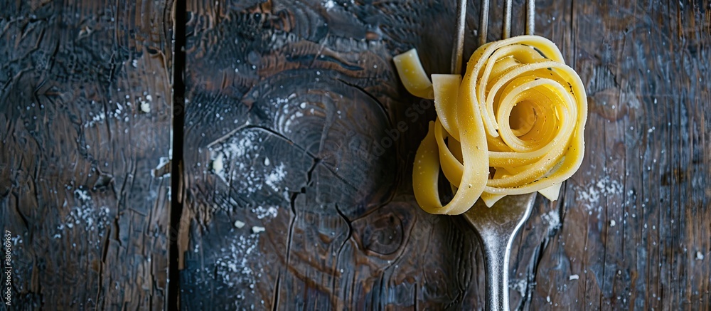 Poster Pasta swirls with a fork on a rustic wooden backdrop create a captivating copy space image