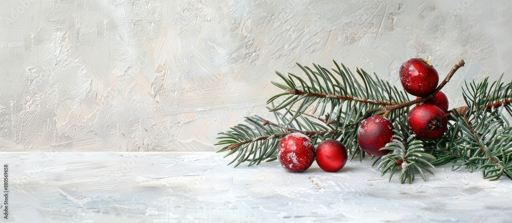 Poster Spruce branch and Christmas garnet fruit displayed against a textured white background with a large copy space image