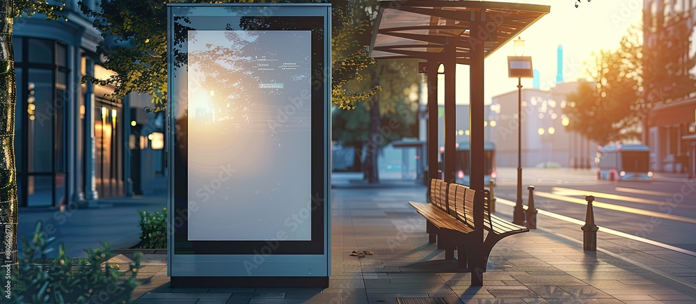 Poster a vertical billboard is displayed at a public transport stop beside a summer cafe featuring a mock u