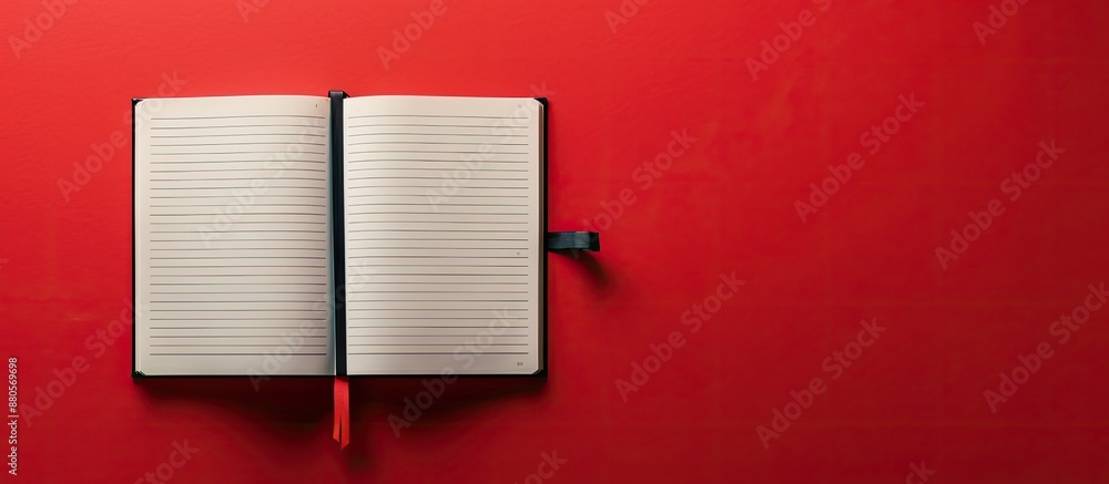Fototapete Top view of an open notebook on a red background laid flat with ample copy space image