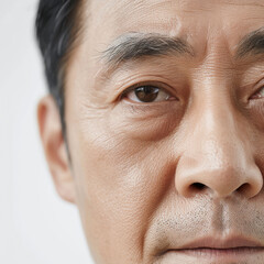 Serious Korean man close-up highlighting skin texture and aging, emphasizing the mature facial features and dermatological aspects
