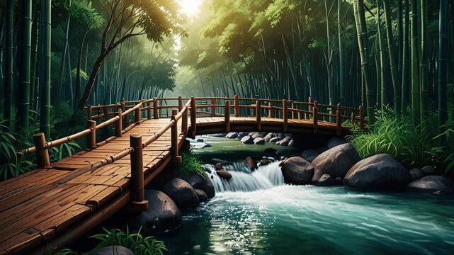 flowing river with wooden bridge in dark bamboo forest. Seamless looping 4k video animation