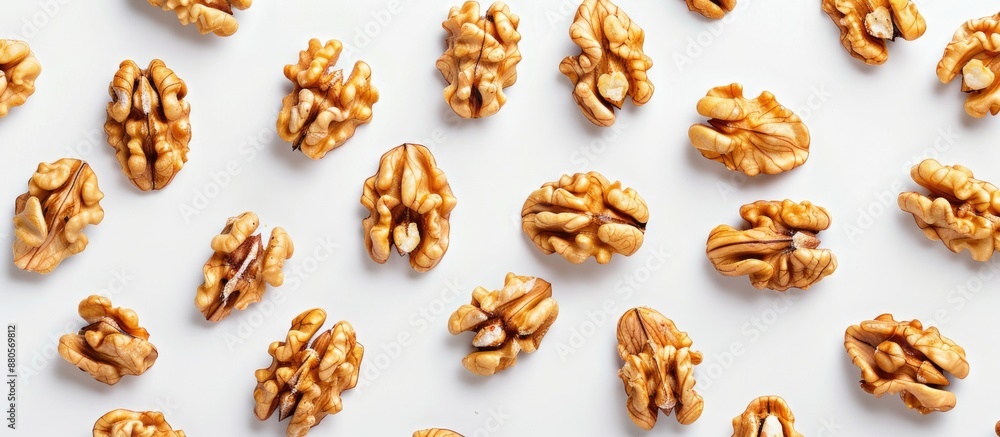 Fototapete Top down view of a unique background featuring walnut kernels on a white backdrop with ample space for additional content in the image