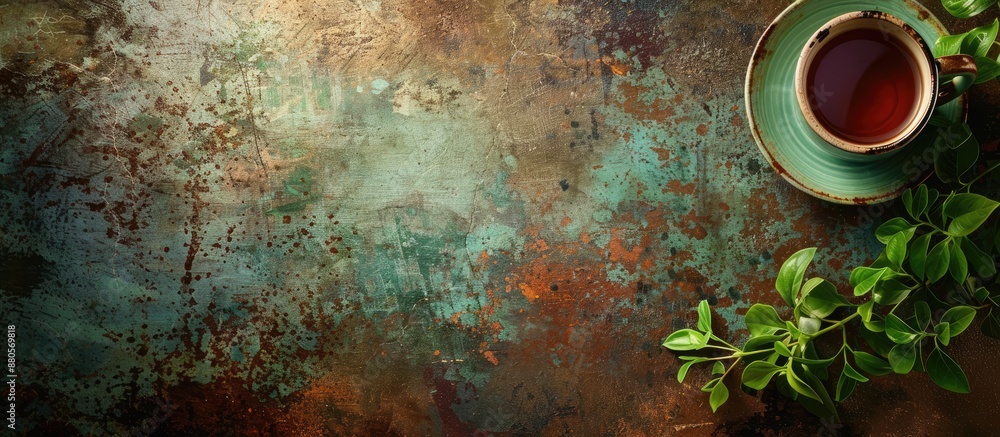 Poster Organic food border with a tea cup on a rustic background with copy space image