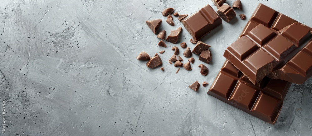 Poster Flat lay of tasty milk chocolate bars on a gray table with a spacious area for text within the image. copy space available