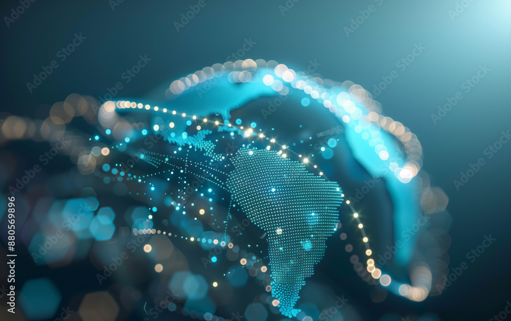 Poster futuristic digital representation of global connectivity with glowing dots and blue lines forming a 