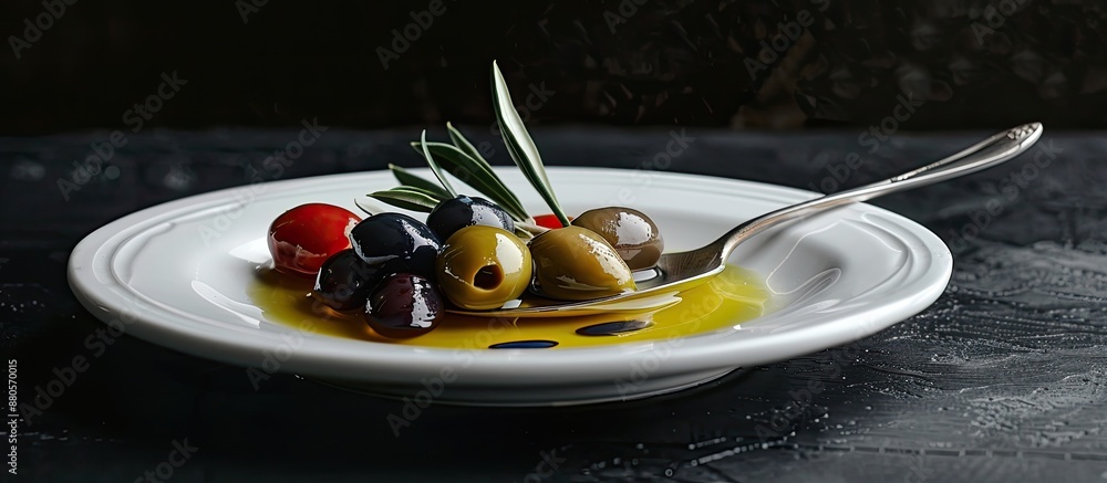 Poster blank white plate features fresh olives and olive oil with a spoon against a black background creati