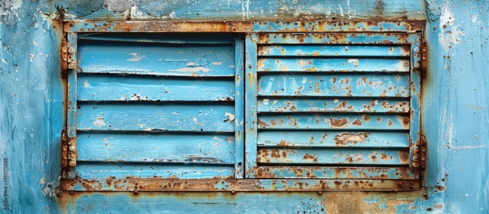 Poster a vintage rusty metal shutter painted blue with a weathered look set against a grungy background for