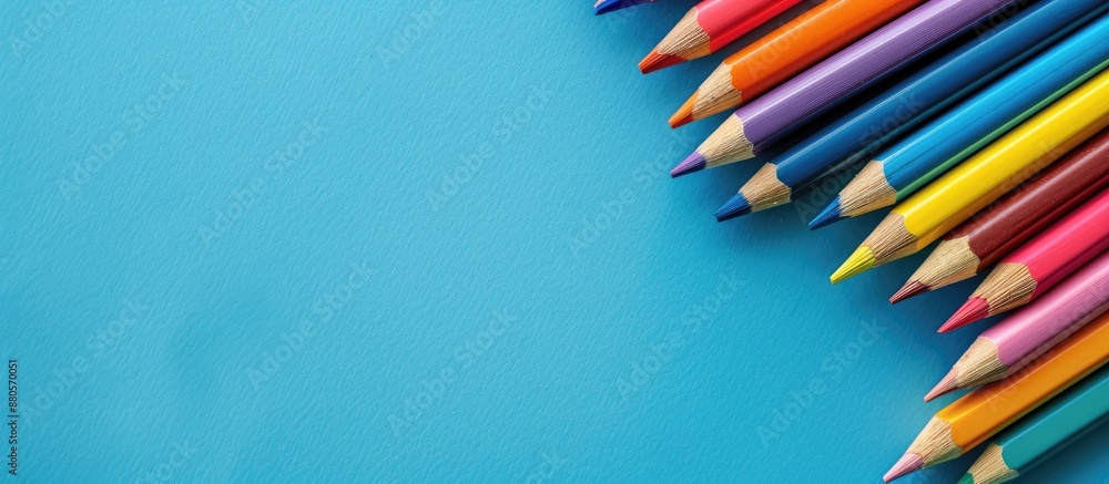 Aufkleber color pencils on a blue paper backdrop with ample copy space image for art or coloring projects