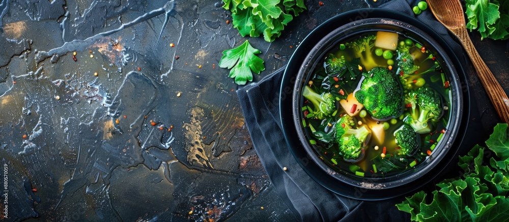 Fototapete A vegetarian first course option featuring broccoli and other vegetables in a vegan broth ideal for keto or paleo diets with a rustic background and space for text in the top view copy space image