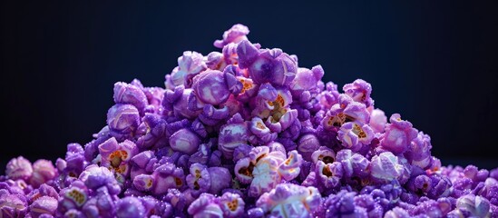 A colorful mound of popcorn coated in purple candy presented with an appealing copy space image