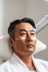 Obraz premium A Korean man in his 50s receiving professional skin care, laser treatment session