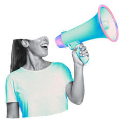 Woman with megaphone png business sticker, transparent background