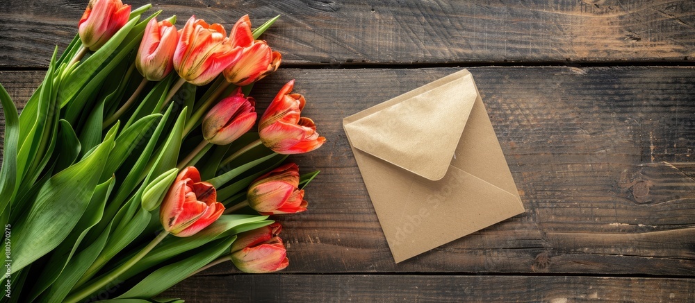 Poster an old wooden surface displaying spring tulips and an envelope with copy space image