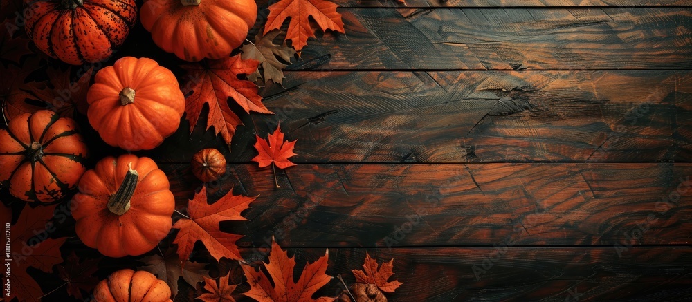 Poster pumpkins in orange hues arranged with autumn maple leaves on a wooden backdrop creating a warm fall 