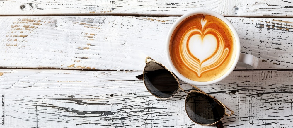 Poster coffee cup with heart latte art and sunglasses on a white wooden backdrop with available copy space 