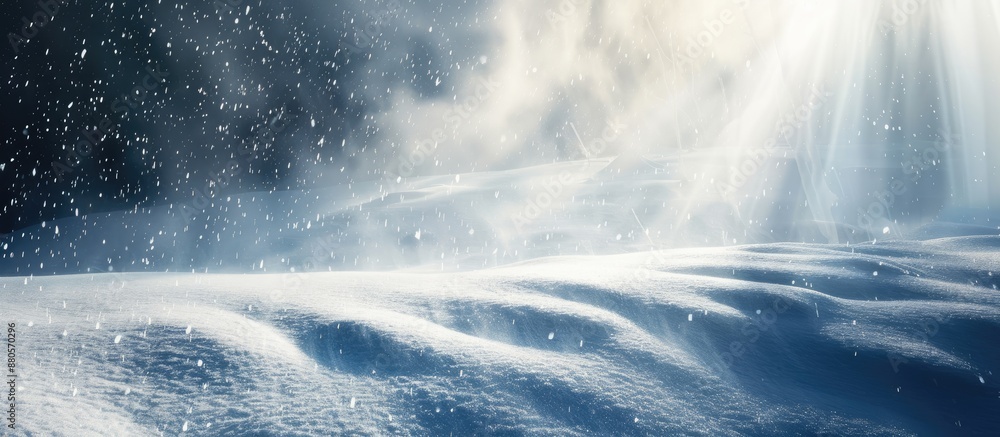 Poster A snowy blizzard illuminated by sun rays creating a striking wintry scene with space for text in the image. copy space available