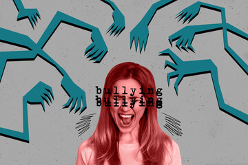 Composite photo collage of unhappy angry girl scream bullying threat hands insult hate stereotype...