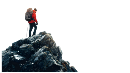 Mountain climber on top of mountain isolated on a transparent background, PNG 