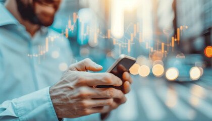 Man using smartphone with financial graph overlay, urban background. Concept of technology, finance, and communication.