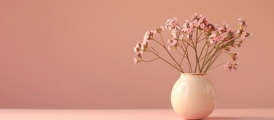 Spring themed social media banner featuring small pink sea lavender flowers with green stems in a vase on a rose taupe background designed with copy space image