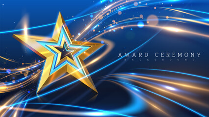 Golden star on a vibrant blue background with swirling lights, perfect for award ceremonies and celebratory events. Vector illustration.