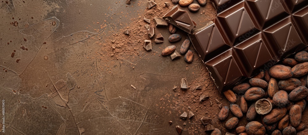 Poster Chocolate bar fragments with cocoa beans on a brown concrete backdrop with copy space image