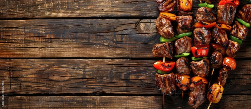 Aufkleber Top view image of grilled meat skewers with vegetables on a wooden background providing copy space for text or design elements