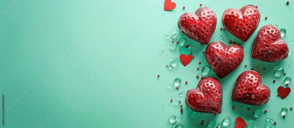 Aufkleber valentine s day card featuring red hearts on a green background with a copy space image available