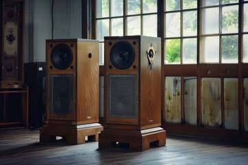 Pair of vintage hi fi speakers are standing on a hardwood floor in an abandoned building