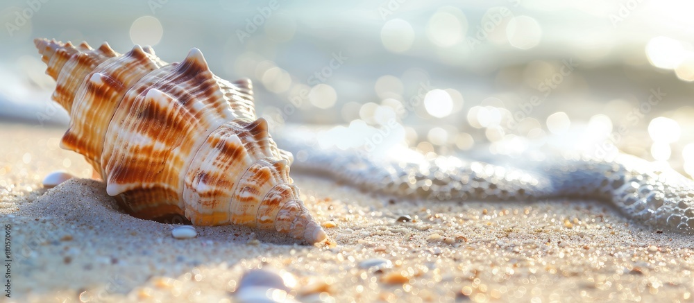 Poster seashell on sandy beach providing copy space image