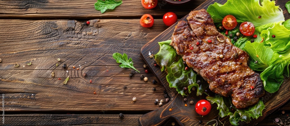 Aufkleber Wooden table with fried veal steak lettuce and spices creating a delectable dish with a rustic flair perfect for a copy space image