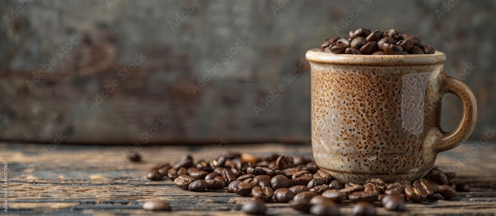 Poster Selective focus on a cup of coffee beans against a wooden backdrop showing a cropped segment with ample copy space image