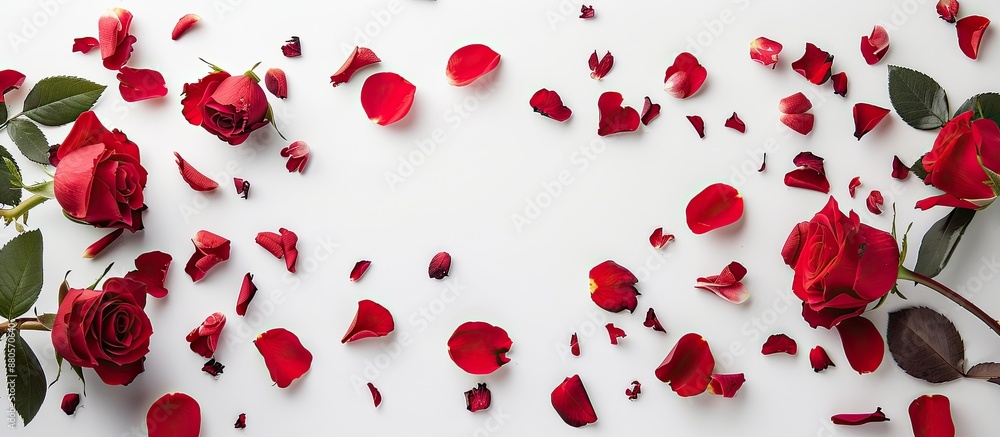 Fototapete top down view of lovely red roses and petals on a white backdrop with room for text in the copy spac