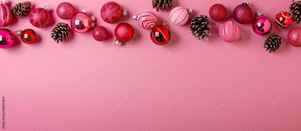 Poster Various Christmas decorations arranged on a pink backdrop with empty space for text or images copy space image