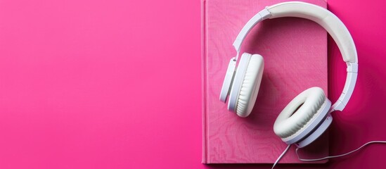 Modern white headphones and a hardcover book on a vibrant magenta background create a trendy e learning concept for audiobook listening with copy space image