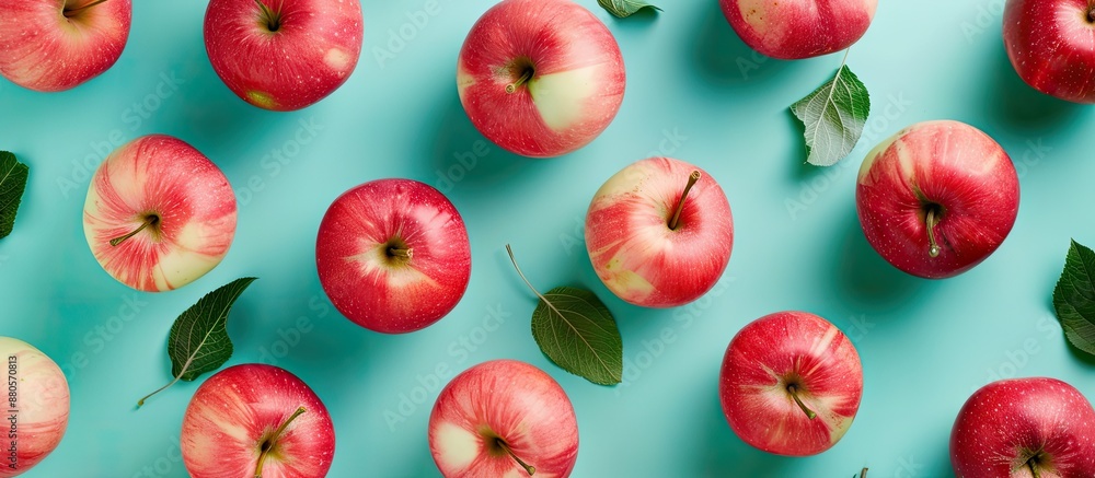 Poster pink apple beautifully arranged in a box against a blue background with copy space image