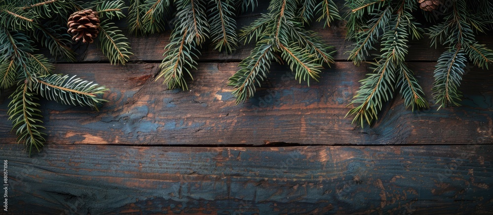 Poster a festive christmas backdrop featuring spruce branches against a rustic wooden surface with copy spa