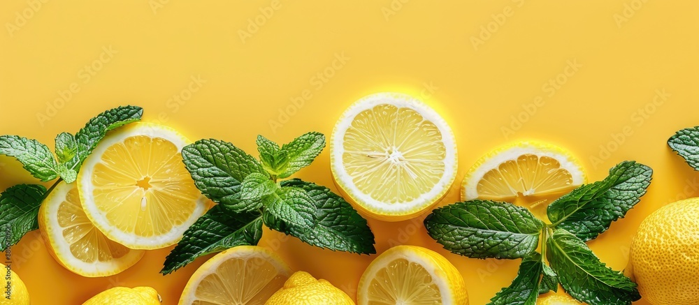 Poster Flat lay with a refreshing arrangement of mint and lemon slices on a yellow backdrop providing ample copy space for text