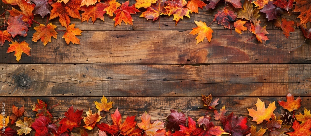Poster Flat lay view of a fall themed backdrop with an assortment of vibrant autumn leaves on weathered wooden planks ideal for adding text in the copy space image