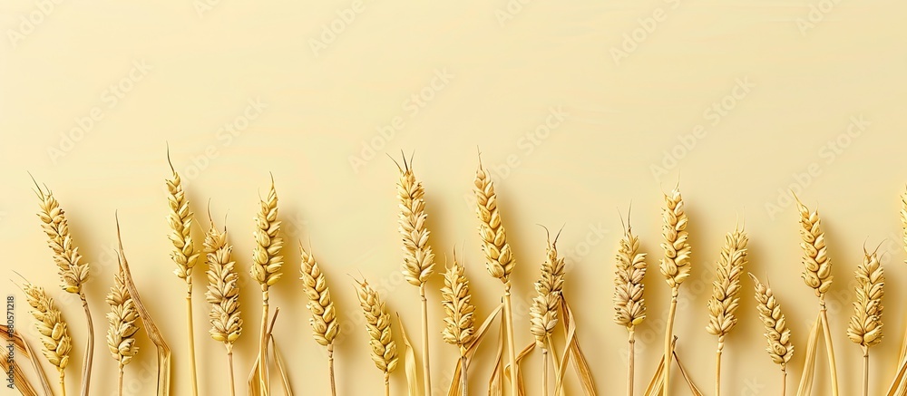 Poster Close up copy space image of golden wheat and rye ears arranged in rows against a light yellow background