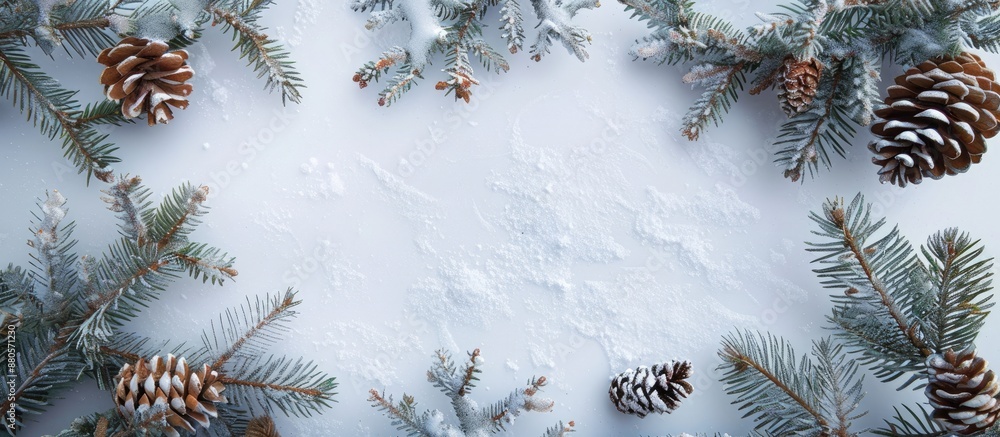 Poster top view of an eco friendly natural frame in a winter theme suitable for new year holidays featuring