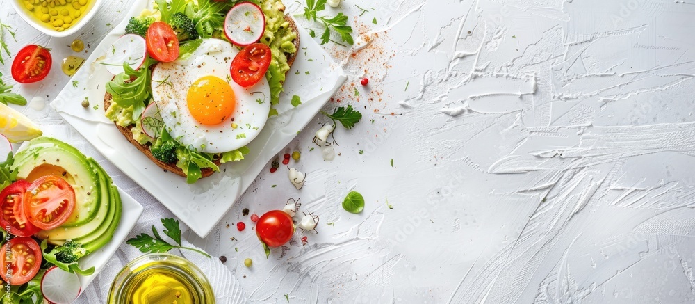 Aufkleber avocado rose toast with a boiled egg fresh salad on a white table cloth with copy space image