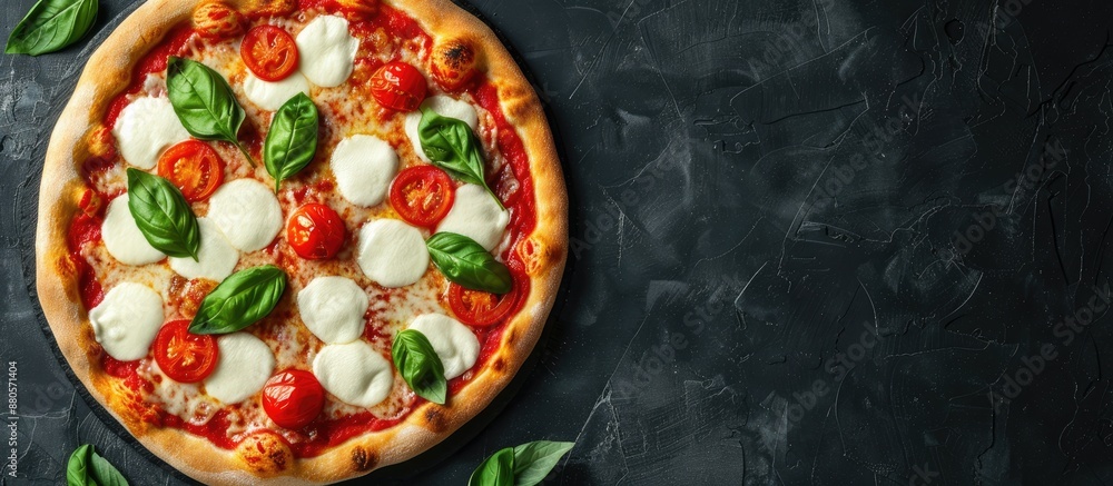 Aufkleber italian margherita pizza with mozzarella tomato and basil on a black backdrop from above with a desi