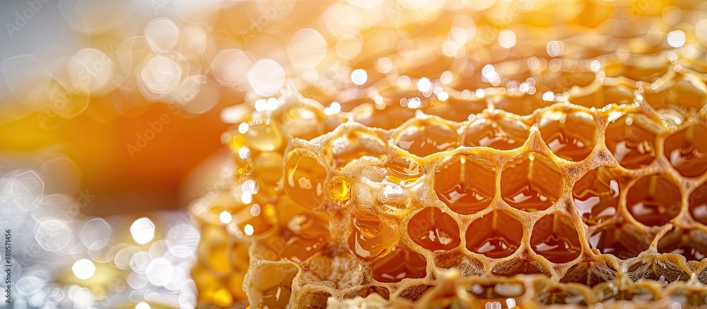 Fototapete detailed close up image of honeycombs on a table with copy space